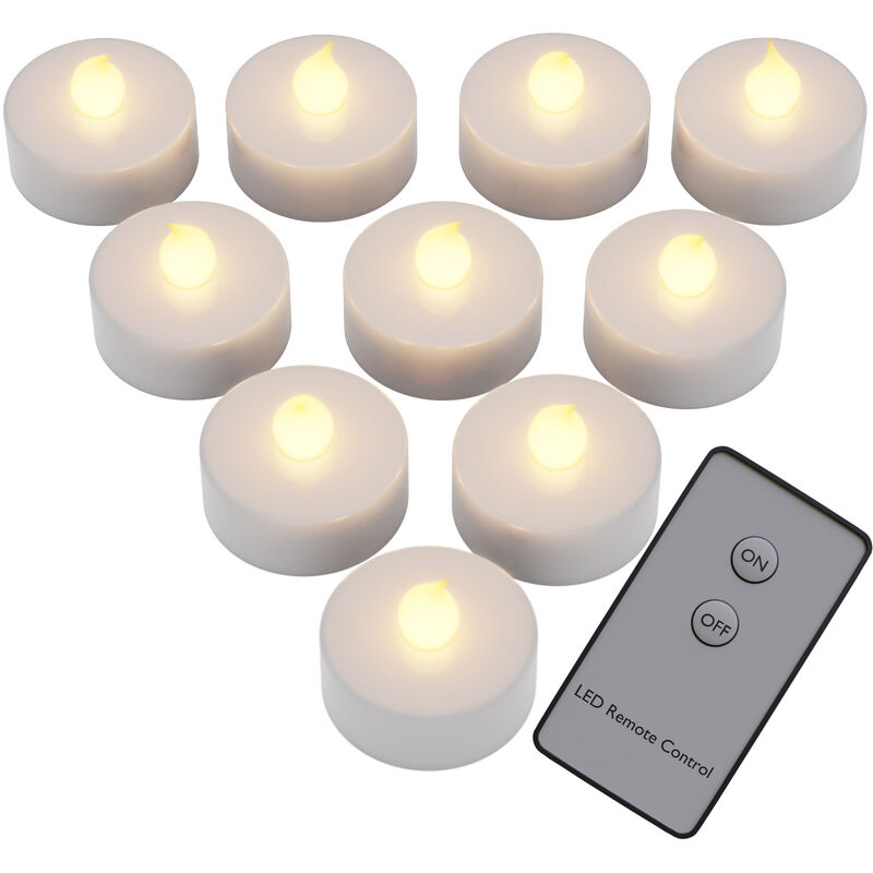 Deuba 10 x Flickering led Candles Battery Operated with Remote Control and Batteries Flameless Tea Lights White Candle Light