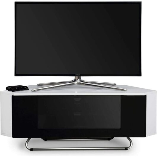 Homeology - Hampshire Corner-Friendly Gloss White with Black Contrast Beam-Thru Remote Friendly Door 26'-50' Flat Screen tv Cabinet
