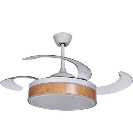 Modern Ceiling Fan Retractable Blades Remote Control led Lighting White with Light Wood Effect Fremont