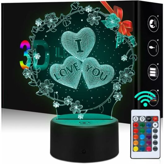 3D Heart Shaped Night Light, i love you 16 Colors 3D Illusion Lamp, Heart Shapes Night Lights, Romantic Changing Lamp with Remote Control (Love Lamp)