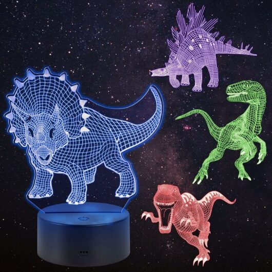 3D Illusion Dinosaur Lamp, 4 Dinosaur Patterns Night Light 16 Changing Colors with Remote Control, Children's Room Decoration