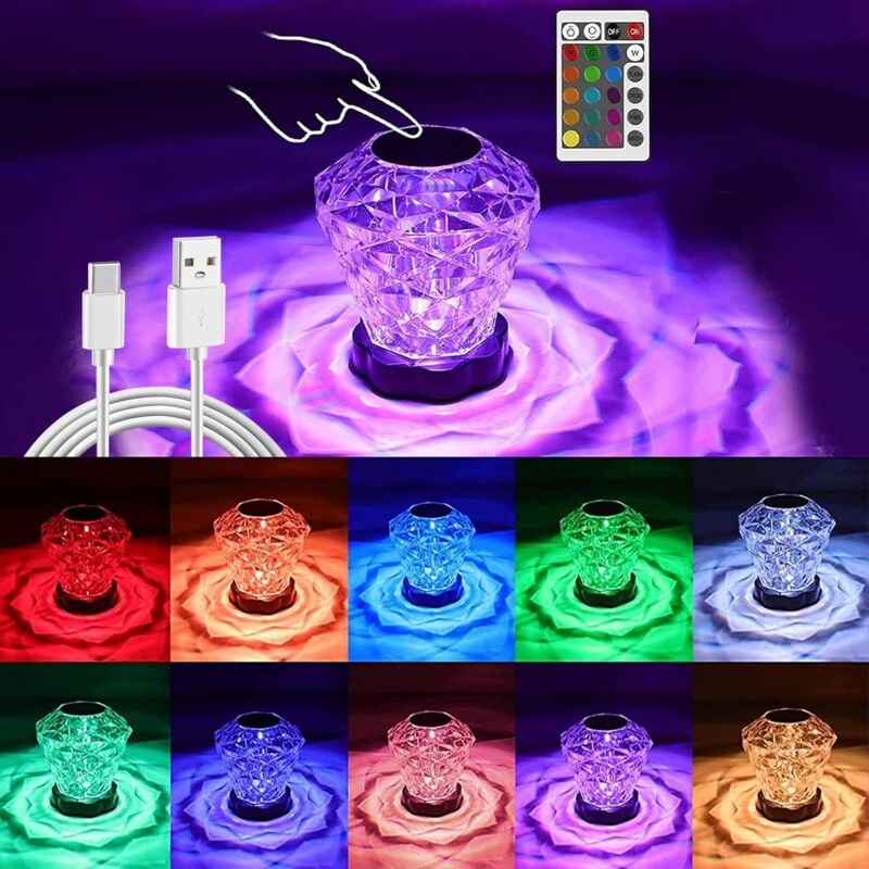 Héloise - Diamond Crystal Table Lamp, 16 Colors Pink Touch Crystal Lamp with Remote Control 4 Modes usb Dimmable led Bedside Lamp for Bedroom Living