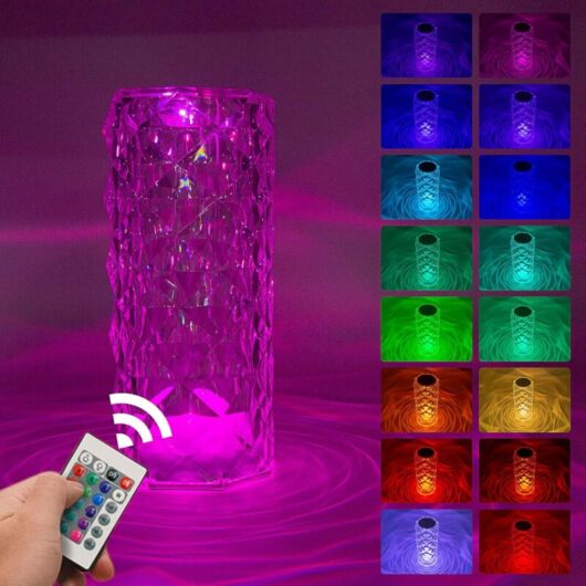 Led Crystal Table Lamp, Touch Dimmable, Crystal Lamp with Remote Control, Modern Wireless Acrylic Diamond Bedside Lamp 16 Colors/4 Modes for Bedroom