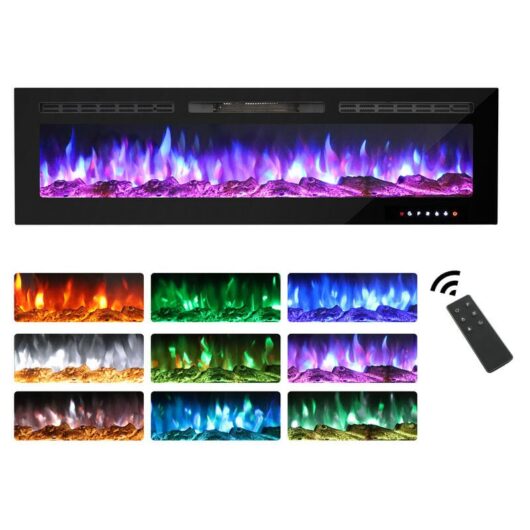Mc Haus - 60inch Electric Fireplace 900/1800W Touch Screen Glass Panel Colorful Flame Insert Wall Mounted Heater Remote Control with Crystal&Log