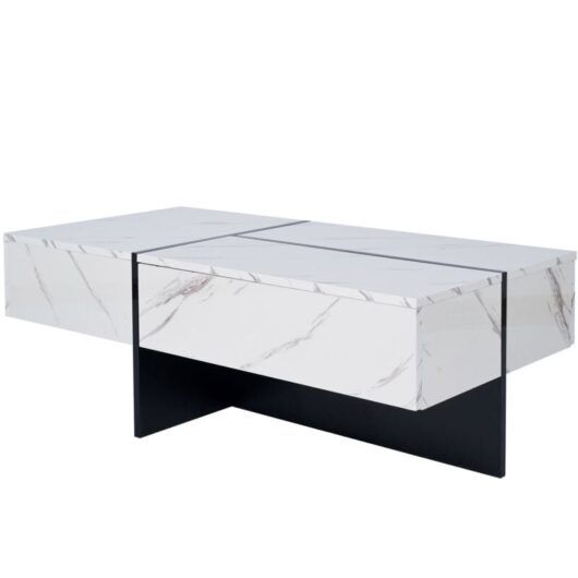 High-Gloss White Marble Coffee Table with APP-Controlled LED Lights - Modern Living Room Furniture, 100x50x34.5cm