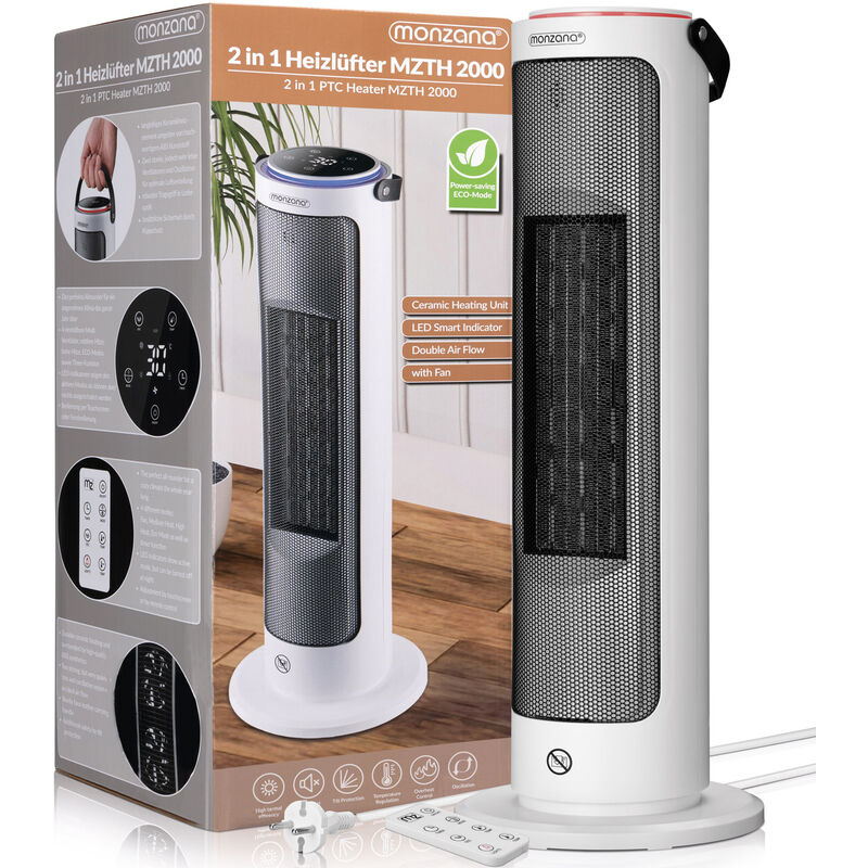 Monzana - 2kW Oscillating Ceramic Fan Heater 4 Mode 15-35°C Timer, Remote Control