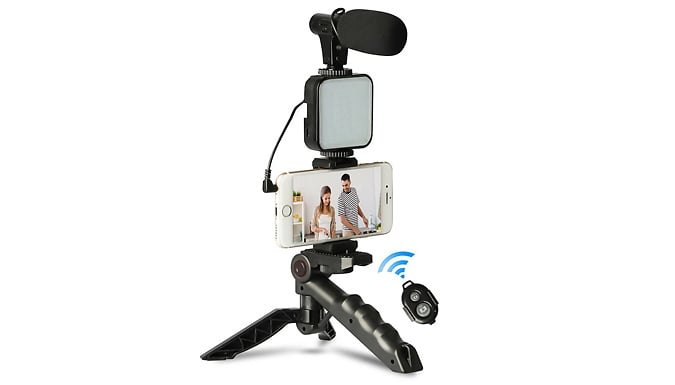 5-Piece Portable Filming Kit With Tripod, Microphone & Remote!