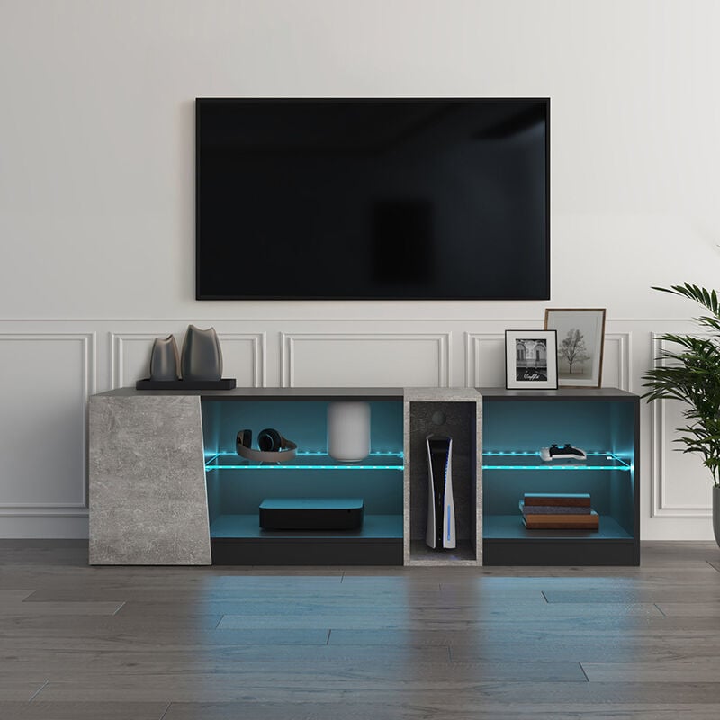TV Unit, TV Stand Cabinet with LED Lights & Remote, 5-Compartment and 1 Door for 32-60 inch TVs, W140 x H45 x D37.5 cm, Black & Grey, Mondeer