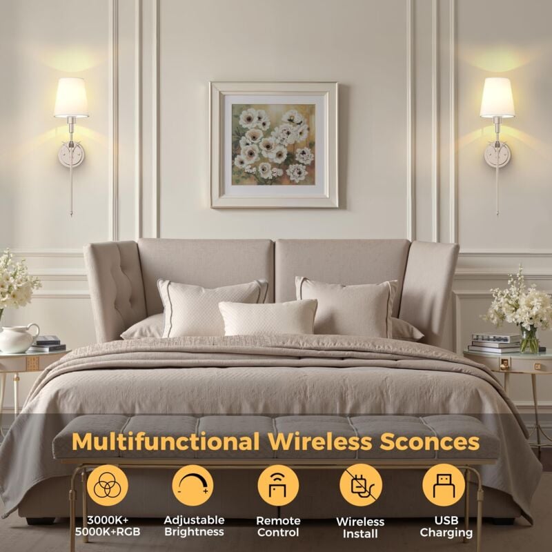 Wall Lamp with Remote Control Cone Fabric Shade Brushed Nickel 2 Pack with Charging Bulb