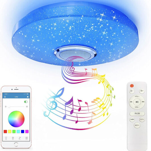 Plafón LED RGB 36W con Bluetooth speaker, 30cm, white cold/cálido/cambiante, con app y remote control, impermeable, para dormitorio y baño infantil.