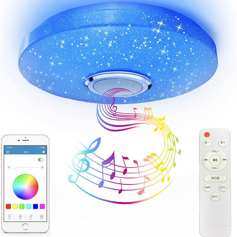 Plafón LED RGB 36W con Bluetooth speaker, 30cm, white cold/cálido/cambiante, con app y remote control, impermeable, para dormitorio y baño infantil.