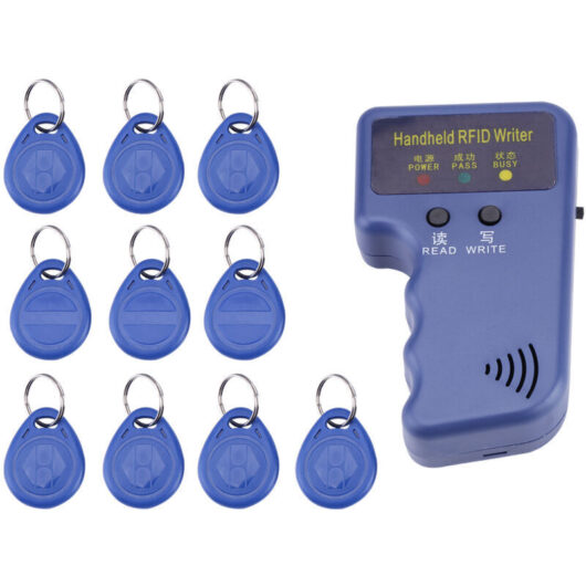 [NEVER USED] Handheld card reader, 125 kHz, RFID reader, writer, copier + 6 labeled T5577 key cards, for 125 kHz EM4100/EM410X ID/Tag