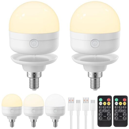 [NEVER USED] Set of 2 USB-C rechargeable LED bulbs with remote control, 3 dimmable colors, battery-powered, 6W, touch control with timer function,