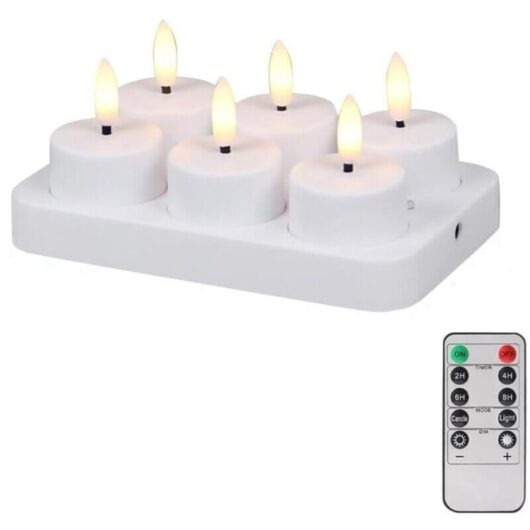 [NEVER USED] Set of 6 Rechargeable LED Tealight Candles with Flickering Flame, Charging Station, and Remote Control