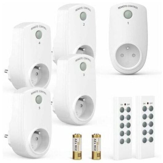 Pack of 5 Programmable Electrical Sockets, Wireless Remote Controlled Sockets with 2 Remote Controls and 2 Batteries Included, 30M Control Distance