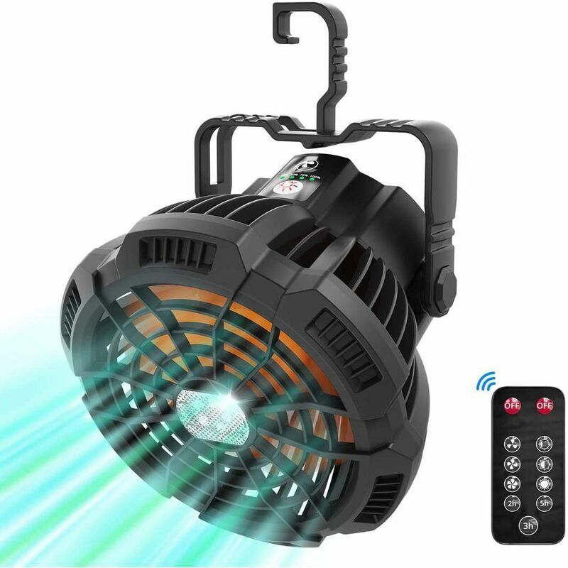 Quiet Portable Fan with Rechargeable Battery LED Light, USB Camping Fan with Rotating Hook, 3-Speed Adjustment Remote Control for Outdoor and Indoor