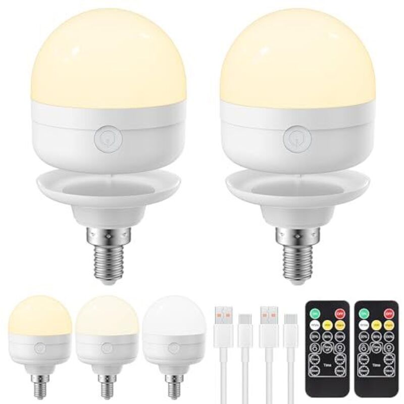 Rechargeable light bulb with USB-C port and remote control, 3 colors, E14 base, dimmable, battery operated, 6W, timer function, magnetic emergency