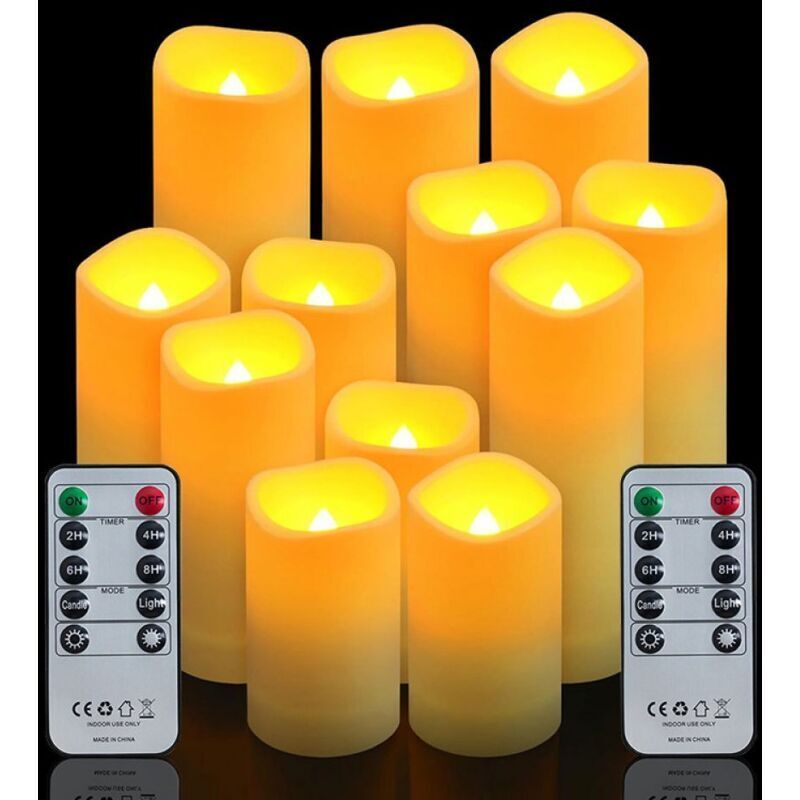 Set of 12 LED Candles, Battery Operated LED Pillar Candles with Remote Control and Timer, Flickering Flame, Christmas Decoration