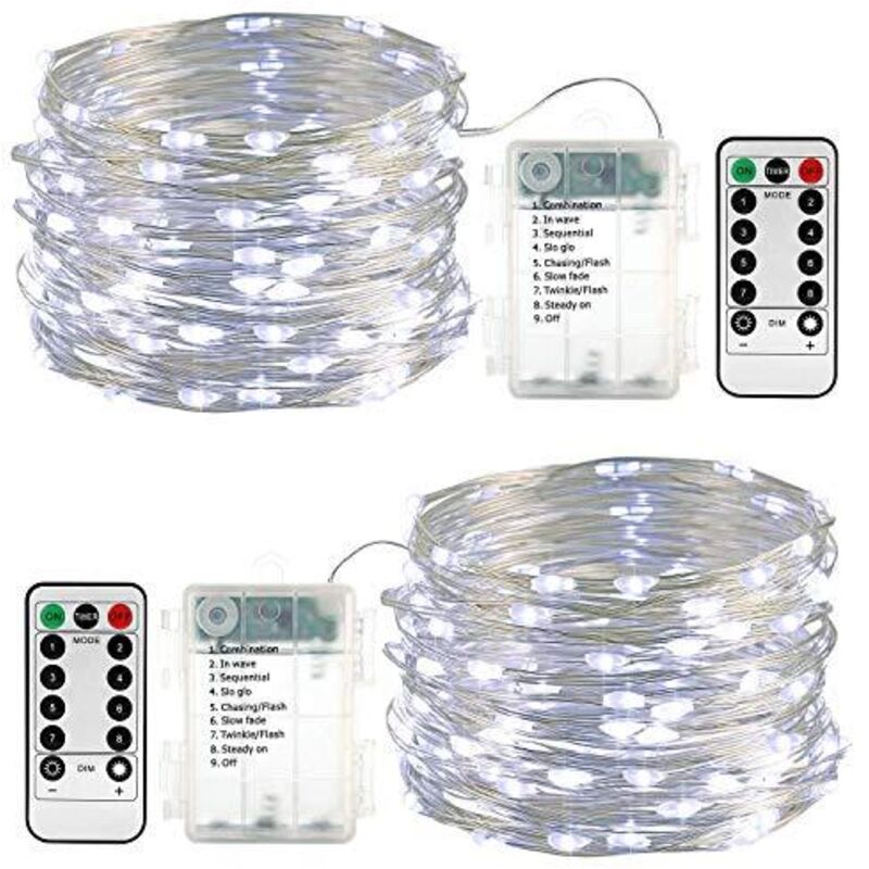 Set of 2 battery-operated 10m (100 LED) LED string lights, waterproof, for outdoor use, with remote control, timer and dimming function (white).