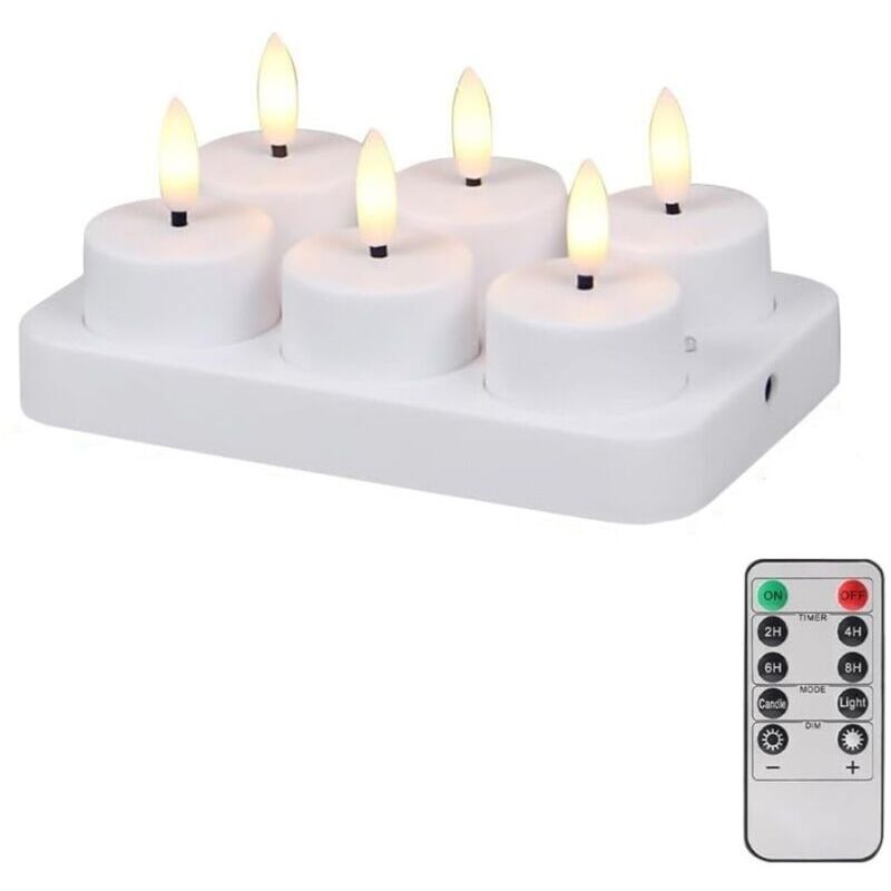 Set of 6 Rechargeable LED Tealight Candles with Flickering Flame, Charging Station, and Remote Control