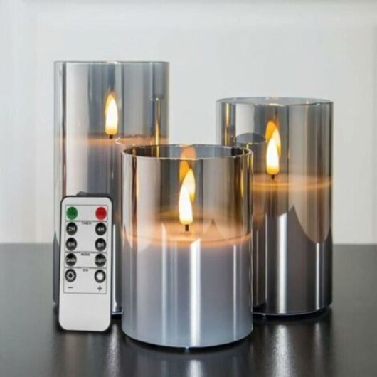 Silver Gray Glass Flameless Flickering Candles with Remote Control, 3 Pack Realistic LED Fake Candles ∅ 3 H 4 5 6
