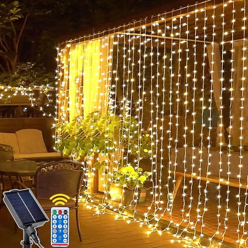 Solar Light Curtain Outdoor, 3m x 3m, 300 led Solar Lights with Remote Control, 8 Modes, Waterproof Solar Waterfall Outdoor String Lights for Garden,