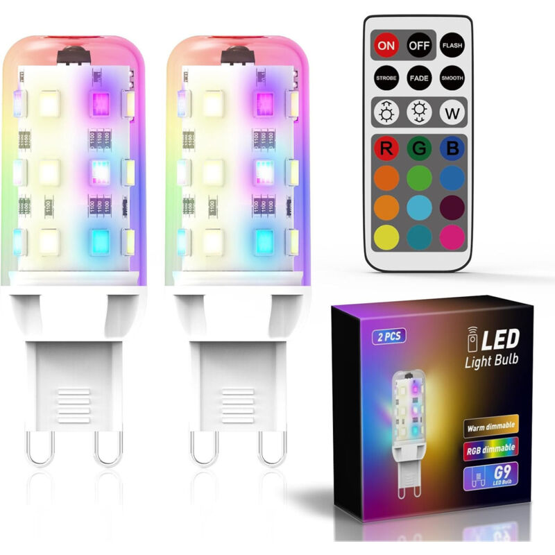 2 LED G9 RGB Bulbs - 2.5W 200 lm - Dimmable - 20W Halogen Equivalent - Warm White 3000K - Remote Included - For Decoration and Parties