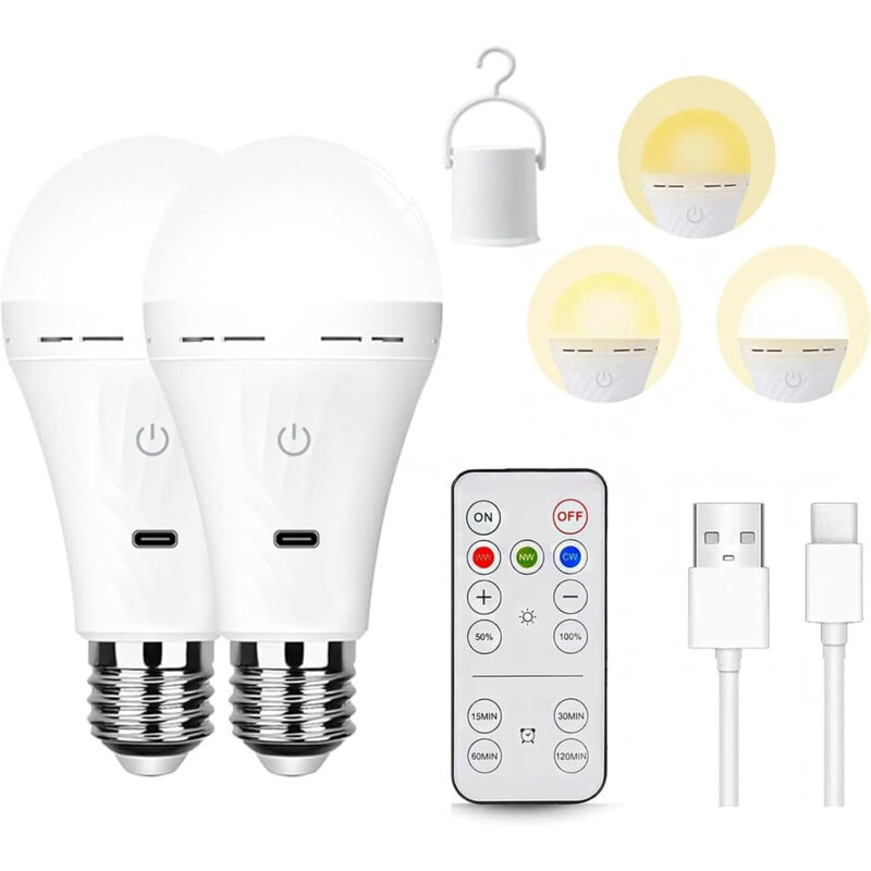 2 USB-C Rechargeable LED E27 Bulbs - 5W - 2200 mAh - 3 Colors - Remote - Built-in Timer