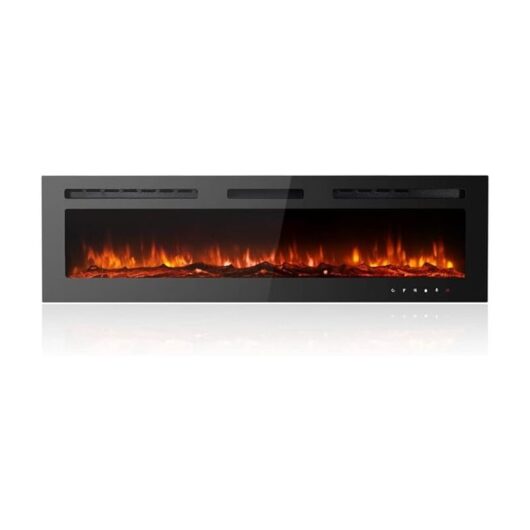 60-Inch Stylish Ultra-Thin Low-Noise Electric Fireplace, 12-Colour Adjustable Breathing Flames, with Crystal & Log Kits, Glass Touchscreen, Remote