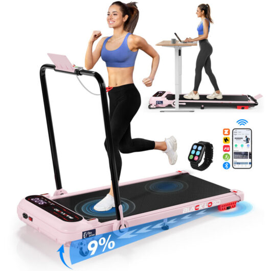 BLACK LORD 9% Incline, 3. 0HP, Max. 15 KMPH,4 in 1 Under Desk Walking Pad Treadmill, Shock Absorbers, LED, Bluetooth, Remote, with handle bar- Pink
