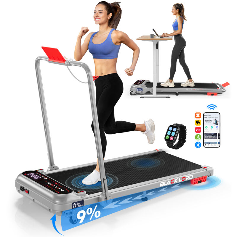 BLACK LORD 9% Incline, 3. 0HP, Max. 15 KMPH,4 in 1 Under Desk Walking Pad Treadmill, Shock Absorbers, LED, Bluetooth, Remote, with handle bar--Silver