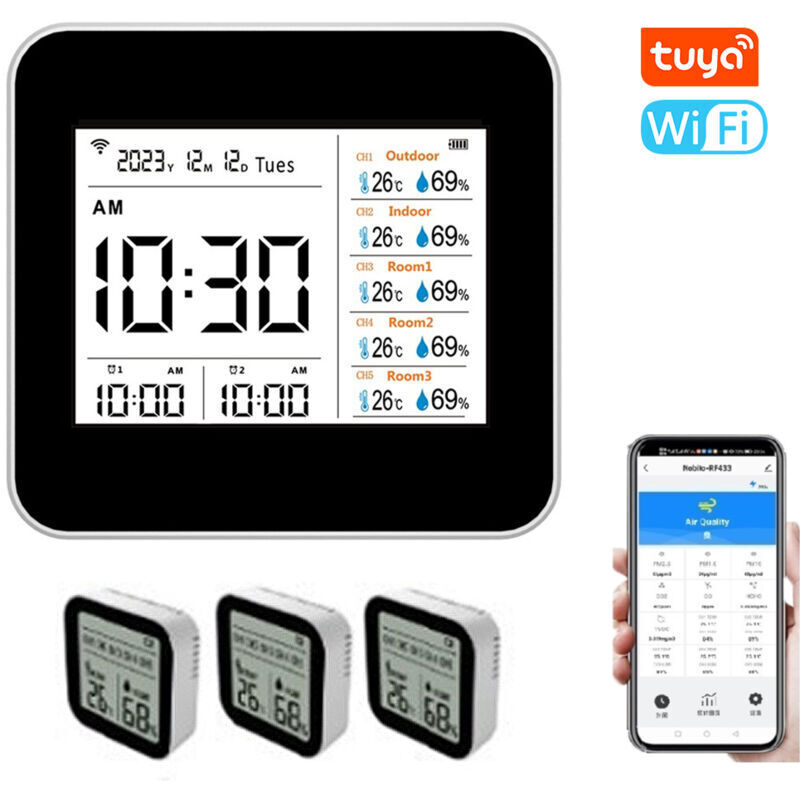 Tuya 13-in-1 Smart WiFi Thermometer Hygrometer, Accurate Indoor Temperature and Humidity Monitor, Time/Calendar/Alarm Display, Supports Remote APP